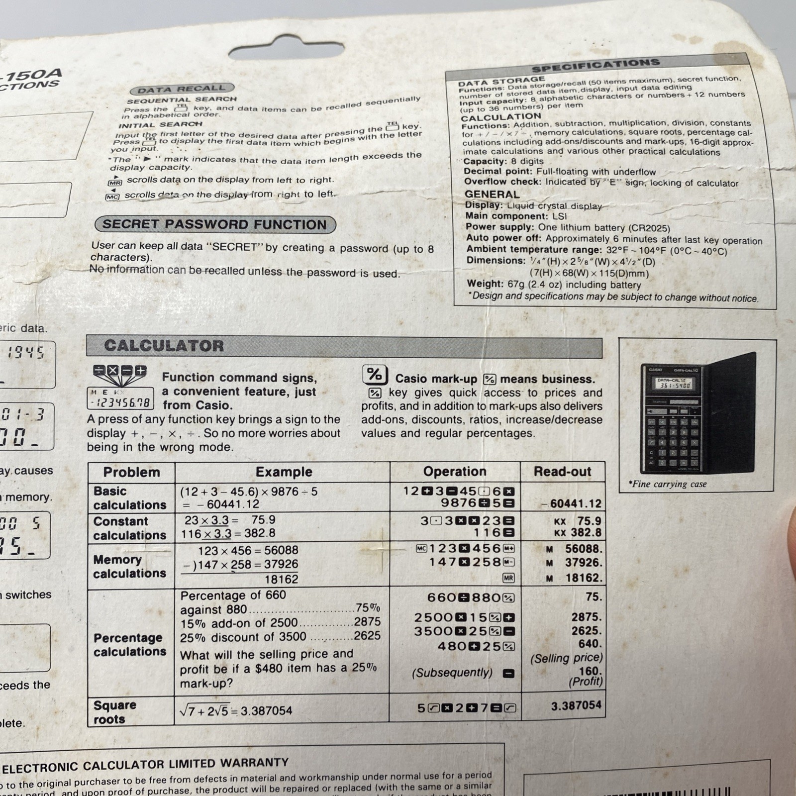 Casio DC-150A Data-cal Calculator Personal Directory Numbers NOS NIP Sealed