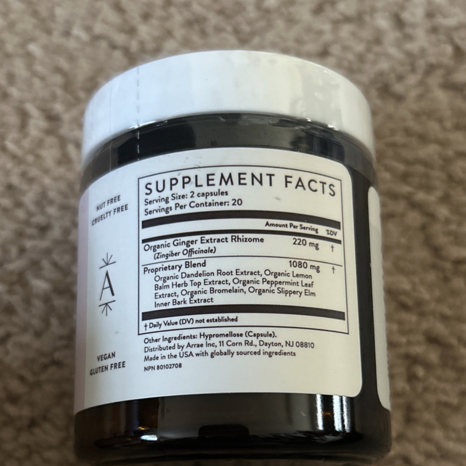 arrae Bloat Relief Digestive Support 60 Capsules Exp 05/25/2027