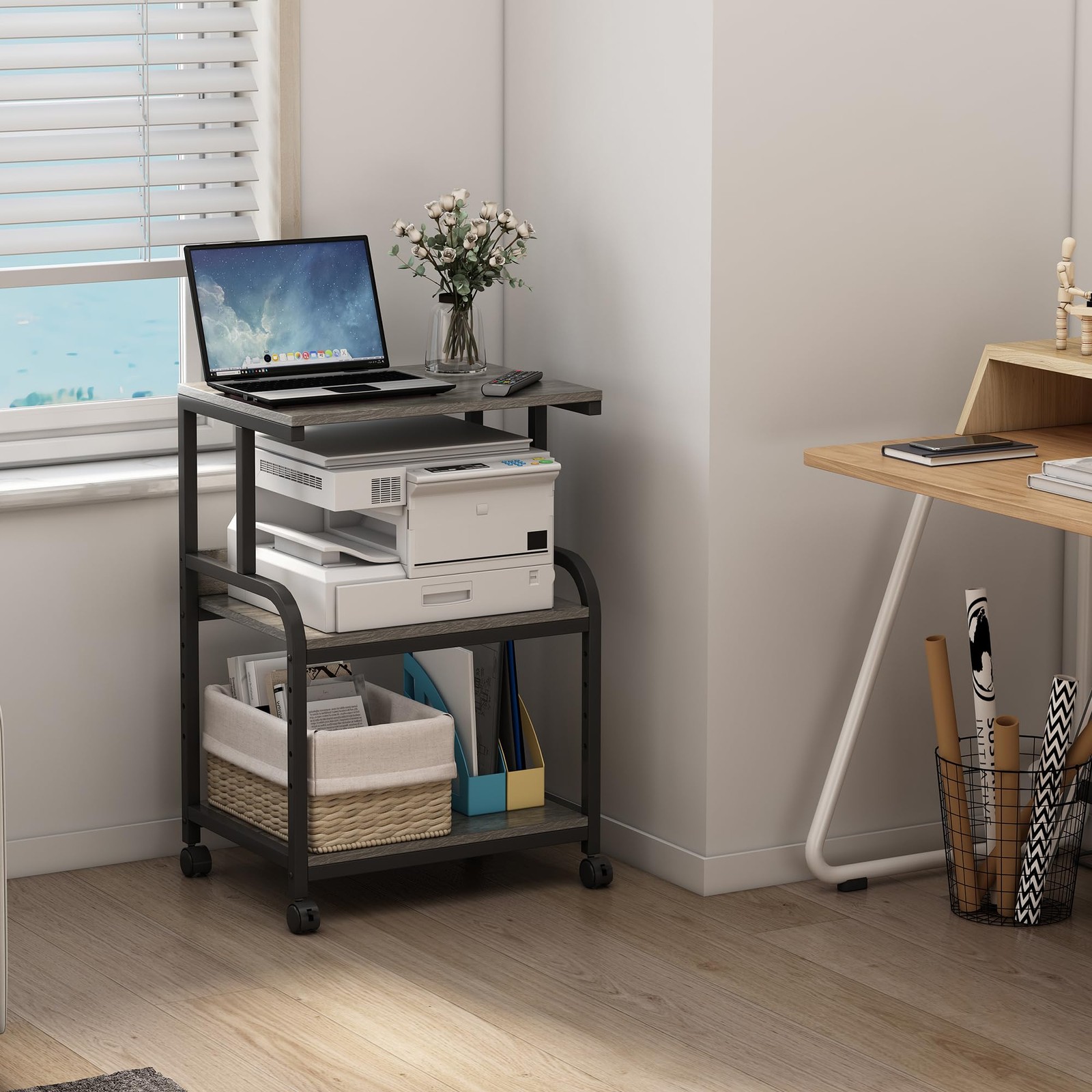 Printer Stand with Height Adjustable Storage Shelf, 3 Tier Mobile Printer Tab