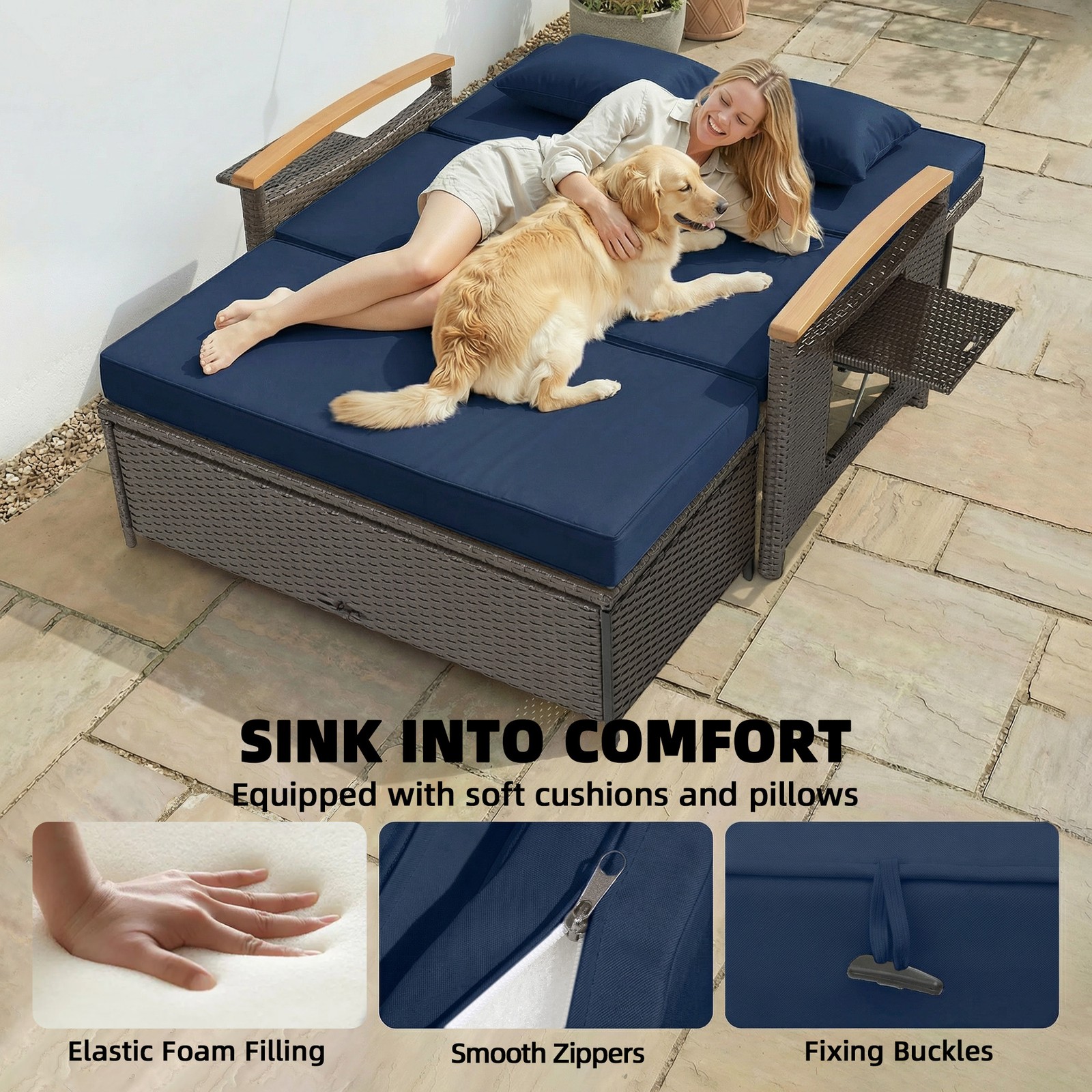 Outsunny Rattan Outdoor Daybed w/4-Level Adjustable Backrest, Navy Blue