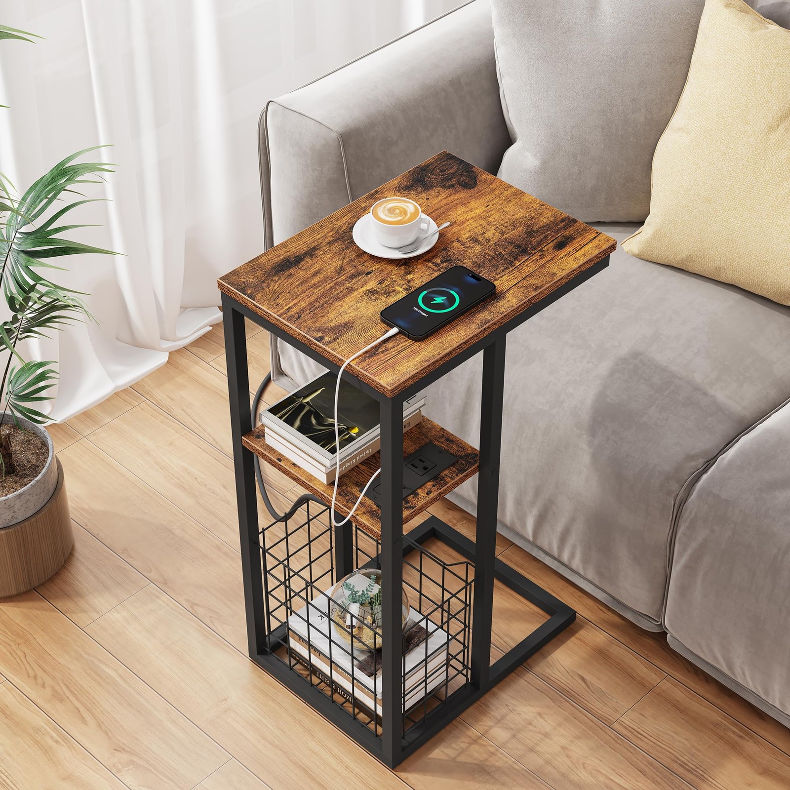 C Shaped End Table Charging Station Side Couch 28 Inch High Rustic Brown