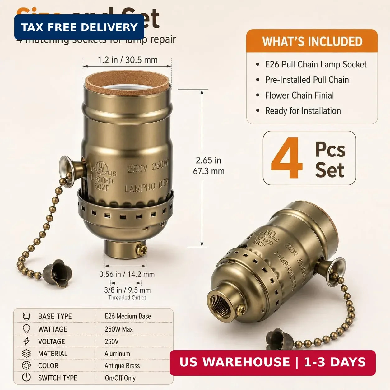 4 Pcs Pull Chain Lamp Socket Replacement with E26 Standard Threaded Base