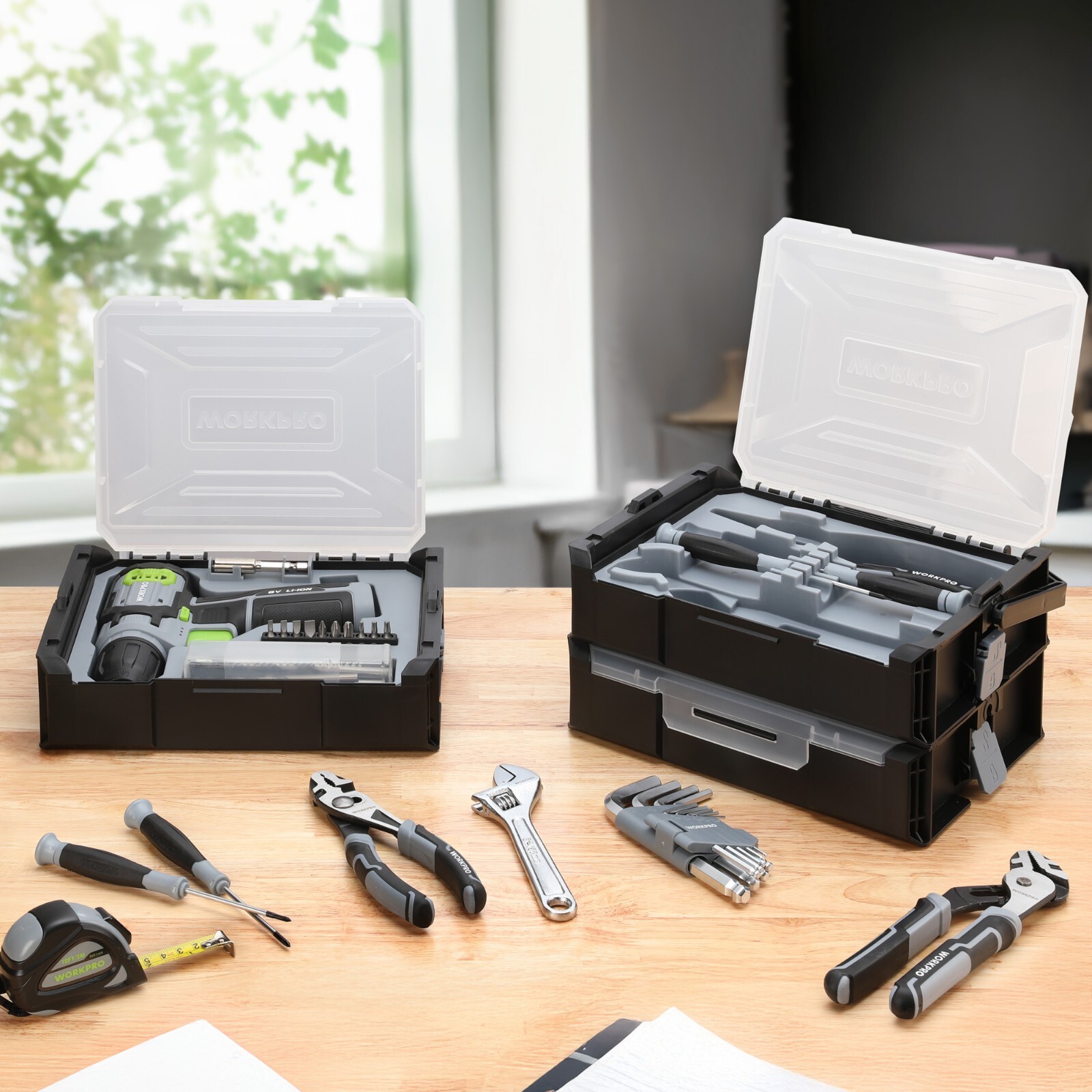 WORKPRO 43PCS Cordless Lithium-ion Drill Driver and Toolbox, 8V 2.0 Ah Power