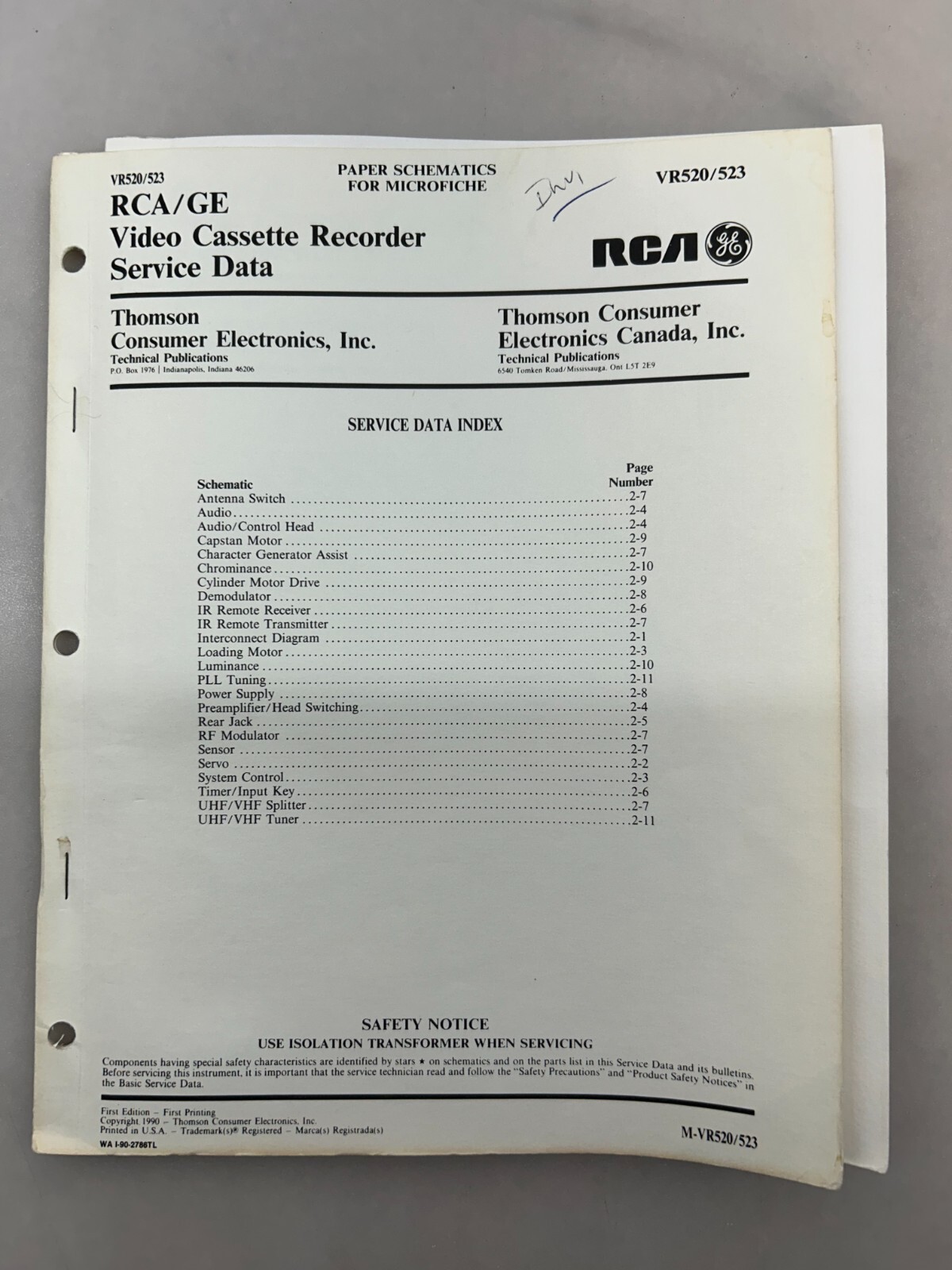 RCA VR520 523 Original Schematics Free Shipping