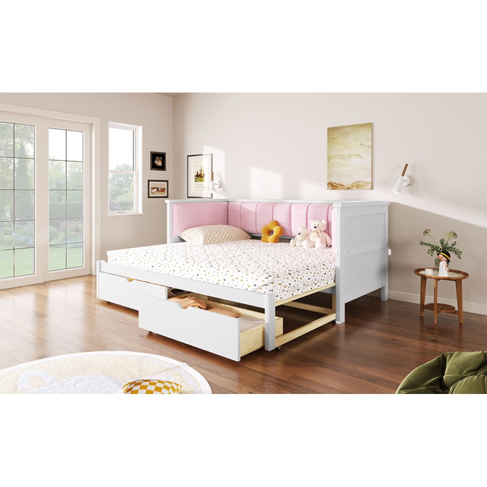 Pink & White Velvet Daybed Twin XL to King w/ Storage & Backrest