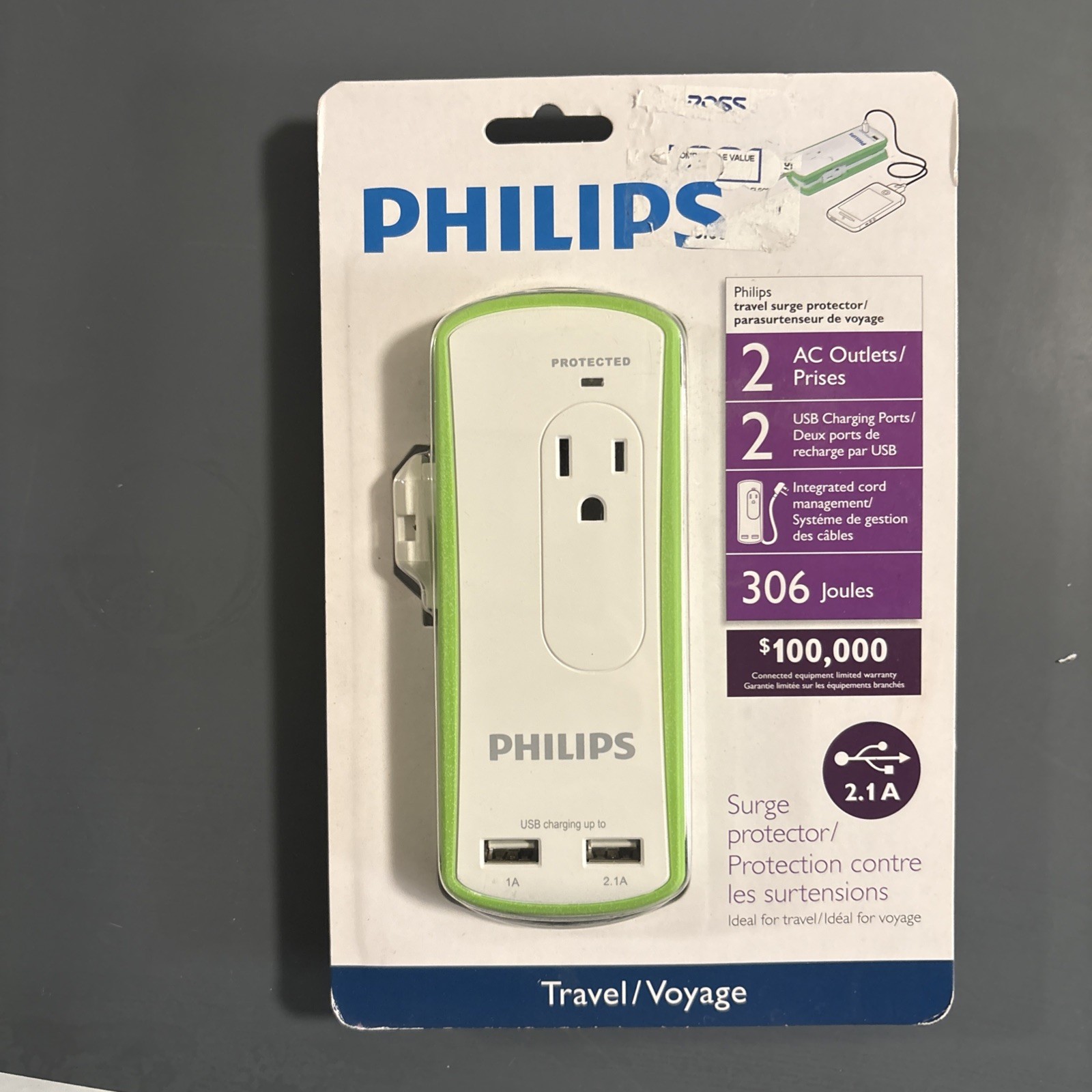 Philips Travel Surge Protector 2 USB Charging Ports and 2 AC Outlets