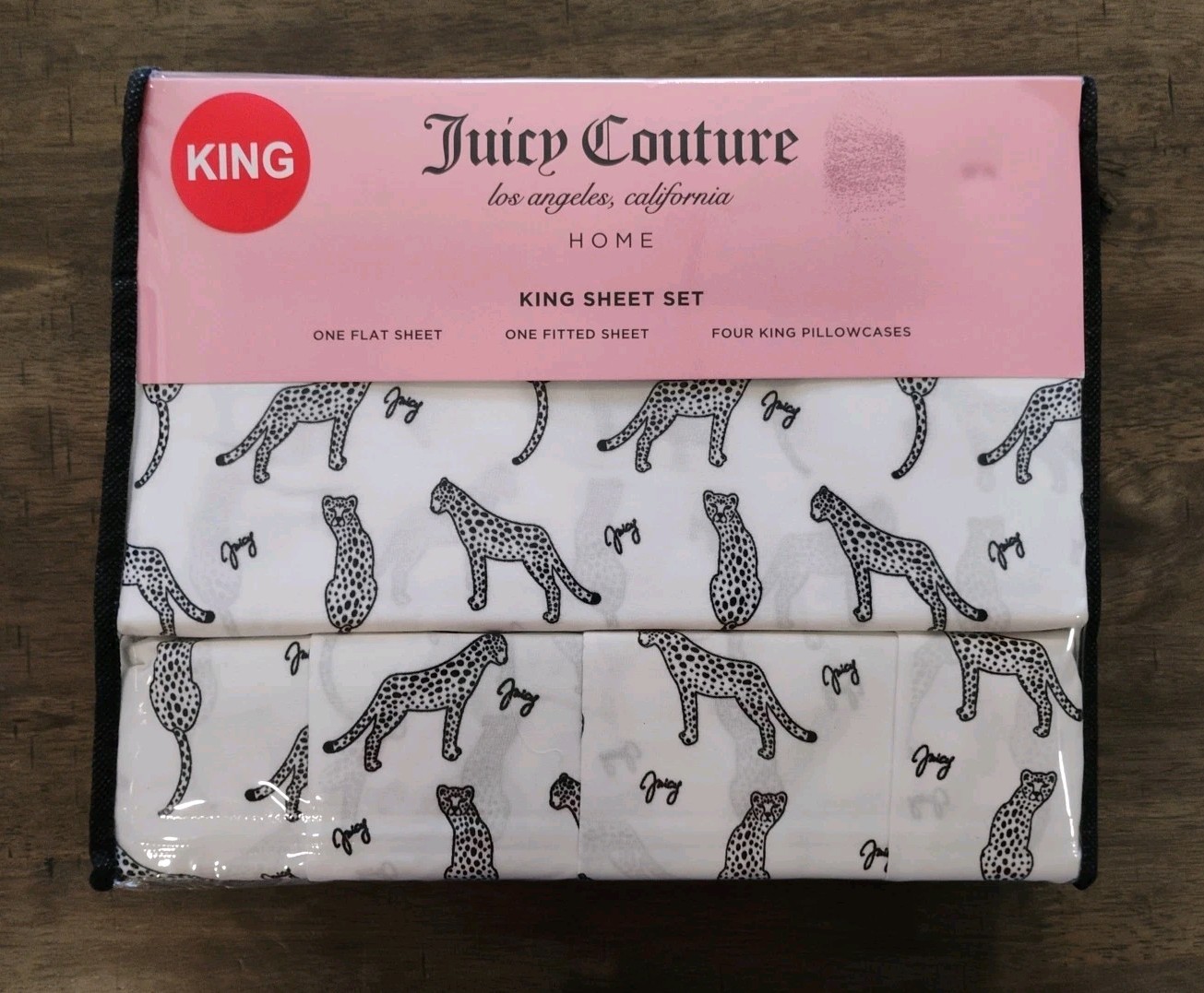 JUICY COUTURE 6-Piece Sheet Set KING SIZE White Leopards Logo Print