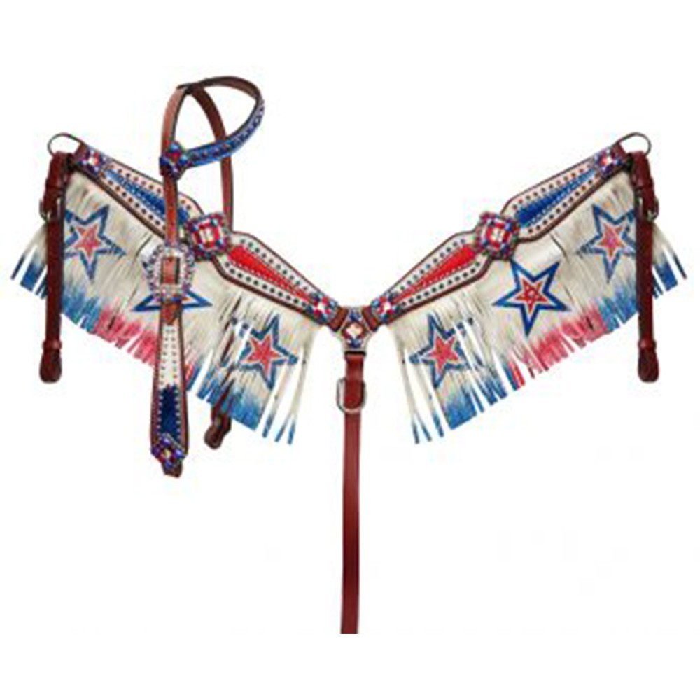Patriotic Red White Blue One Ear Headstall & Fringe Breast Collar & Rein NEW