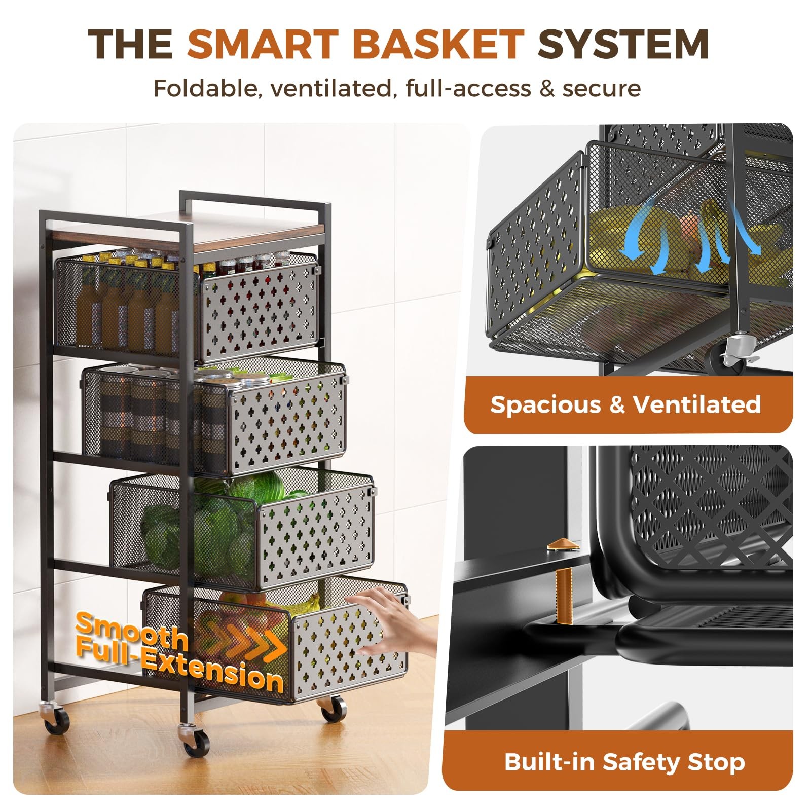 5 Tier Kitchen Storage Cart with Wheels, Utility Fruit Vegetable Storage Rack