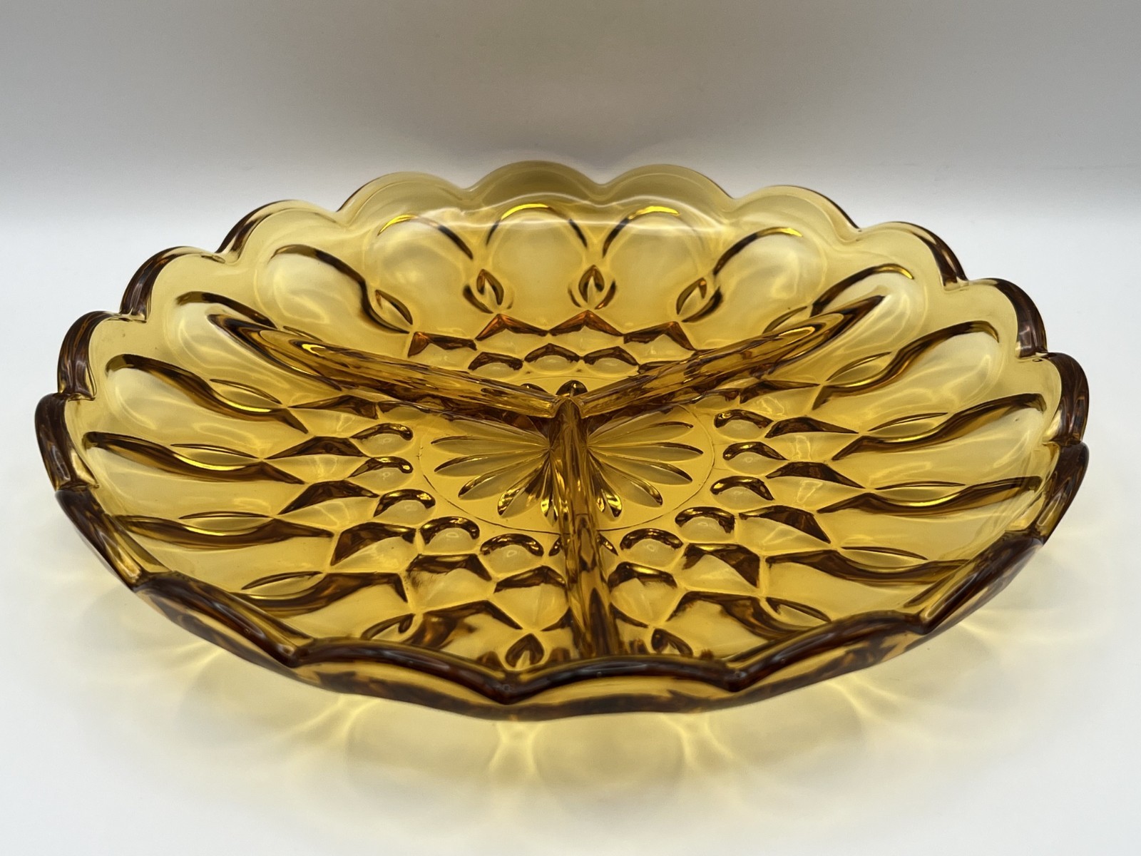 Anchor Hocking Amber Divided Dish Fairfield Pattern | Vintage MCM