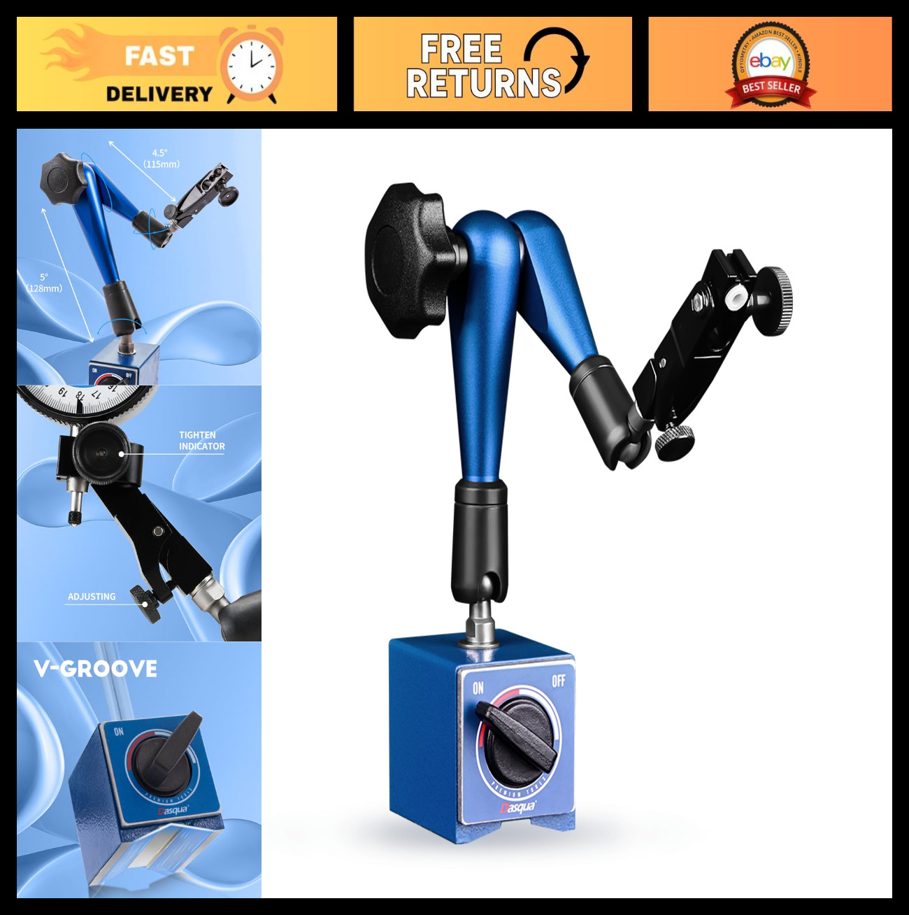 Heavy Duty Magnetic Base Indicator Holder with Fine Adjustment & Swivel Clamp, 1