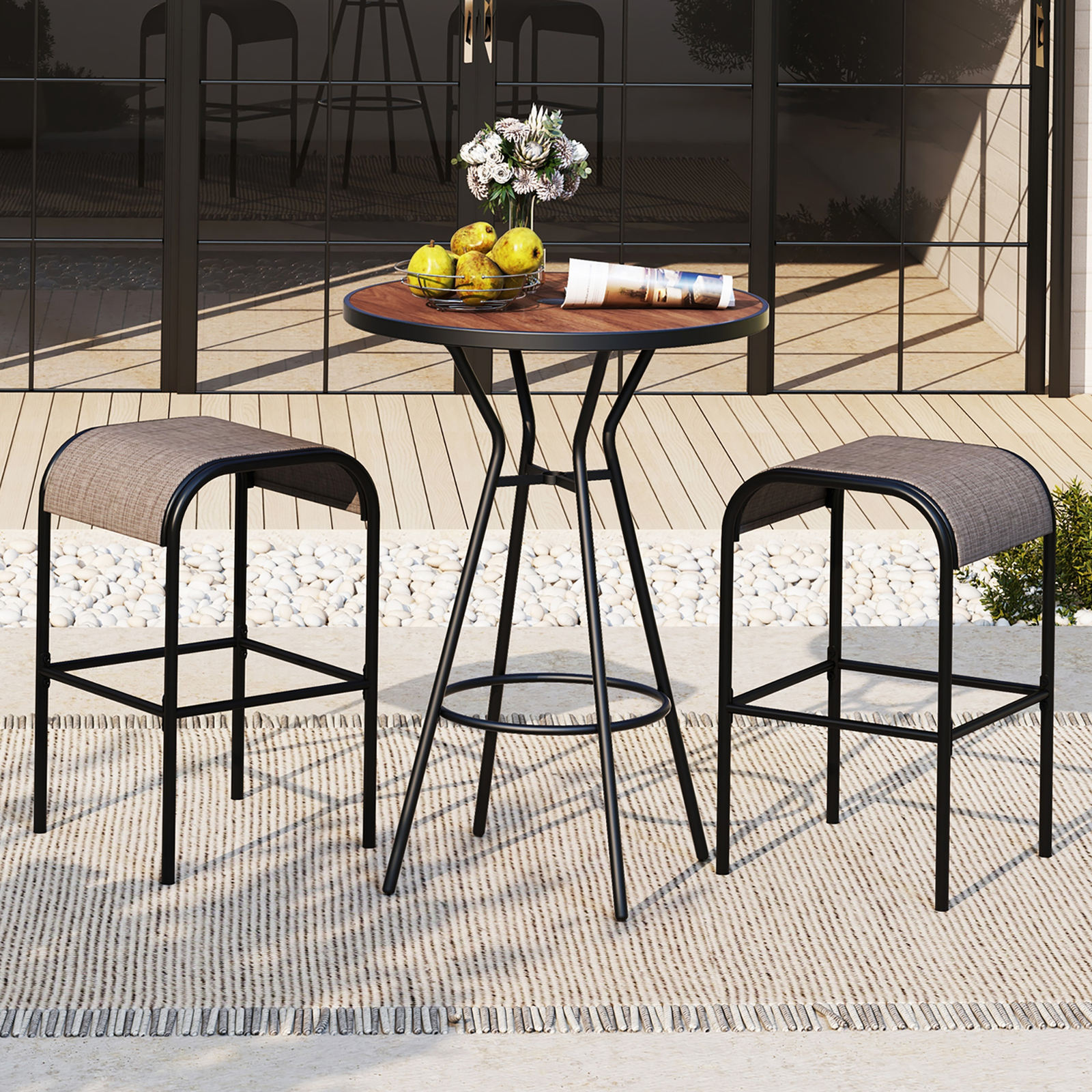 3 PCS Patio Bistro Set Round Table w/ 1.6'' Umbrella Hole & 2 Stools Metal Frame