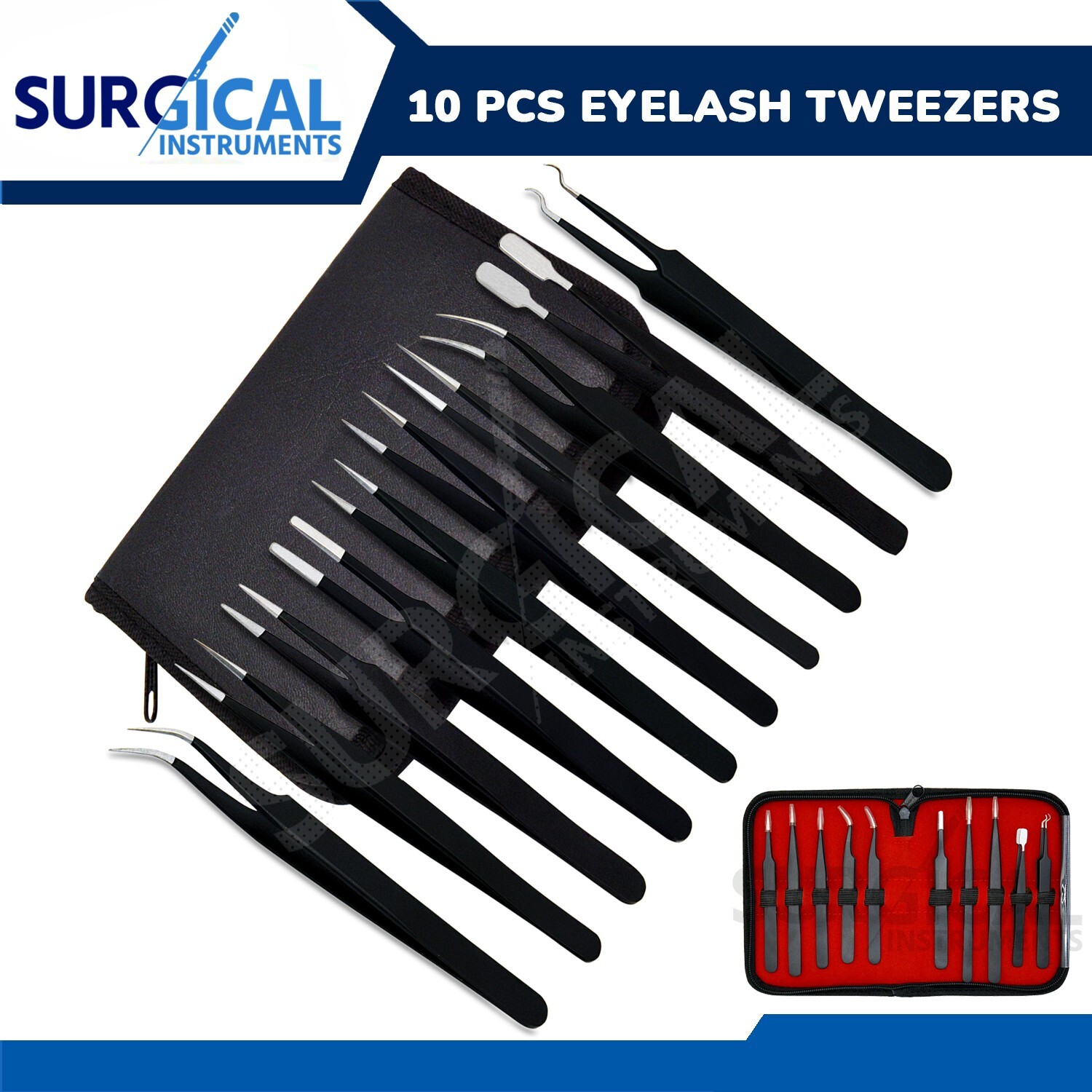 10 Pcs Eyelash Extension Tweezers Set with Carrying Case Anti-Static Black Color