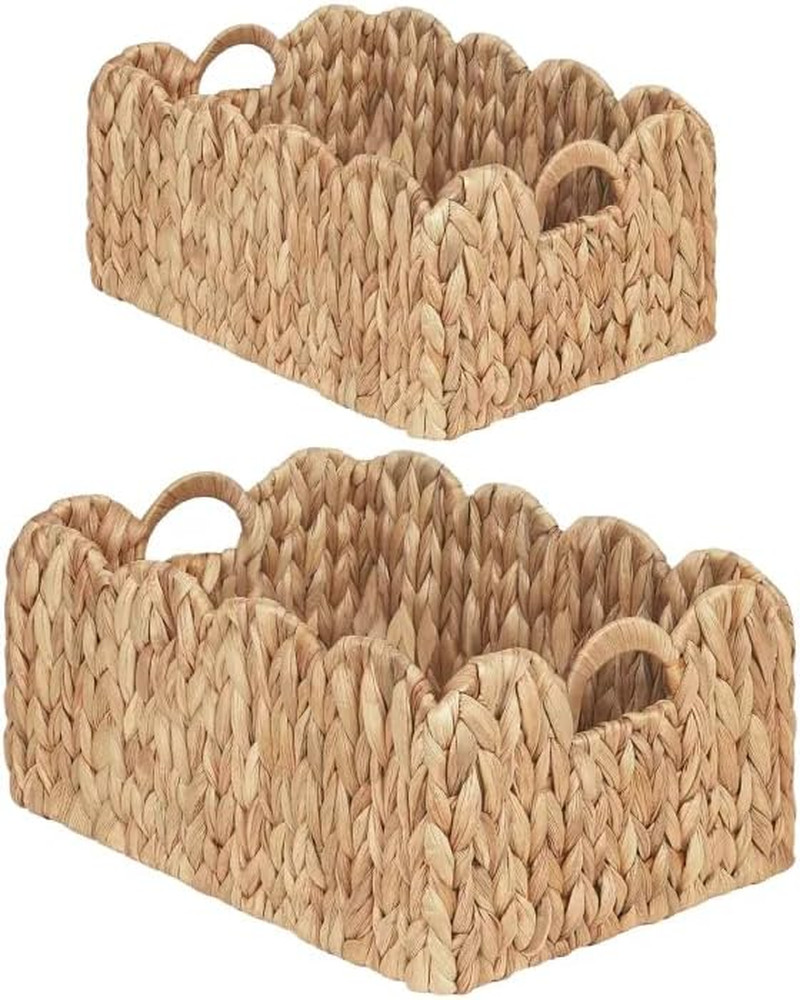Scalloped Wicker Basket, Set of 2 Woven Rattan Natural Water Hyacinth Baskets wi