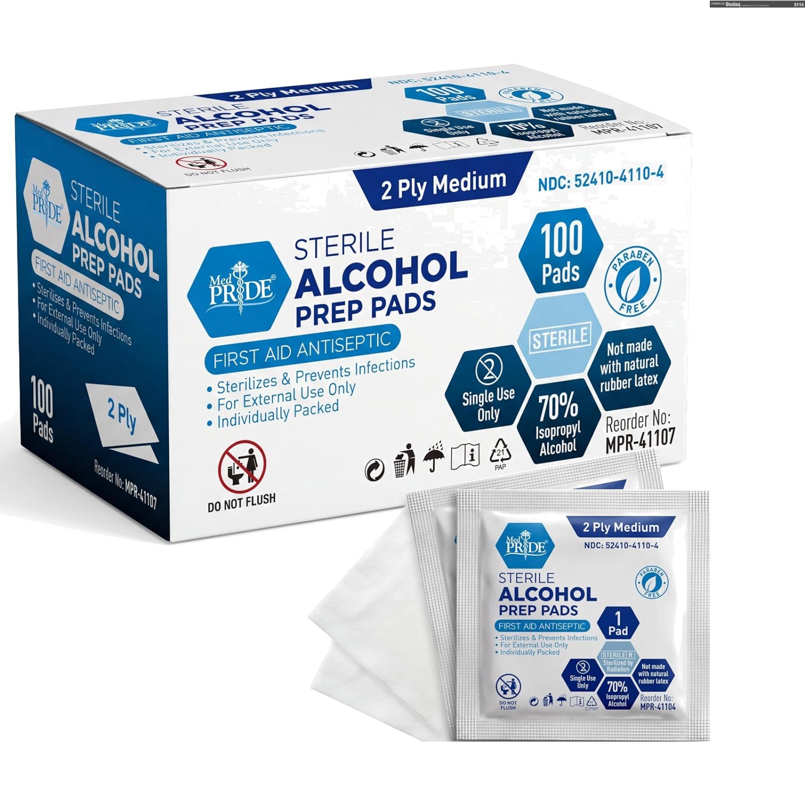 Sterile Alcohol Prep Pads, 100 Count - Soft, Antiseptic, Latex-Free Swabs