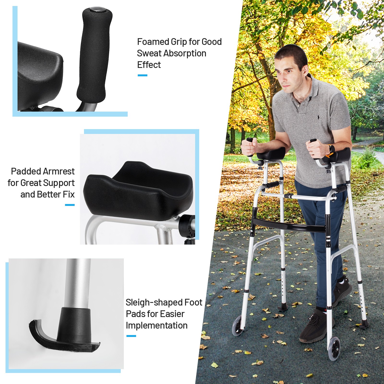 Folding Aluminum Alloy Wheel Walking Frame Adjustable Walker W/Armrest Support