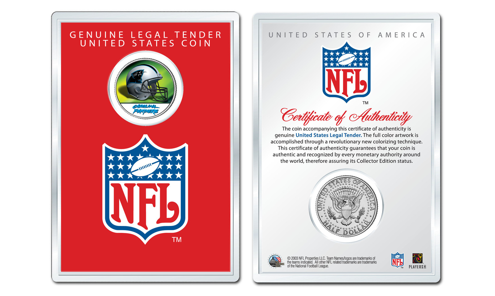 CAROLINA PANTHERS NFL Helmet JFK Half Dollar Coin w/ 4x6 Lens Display - LICENSED