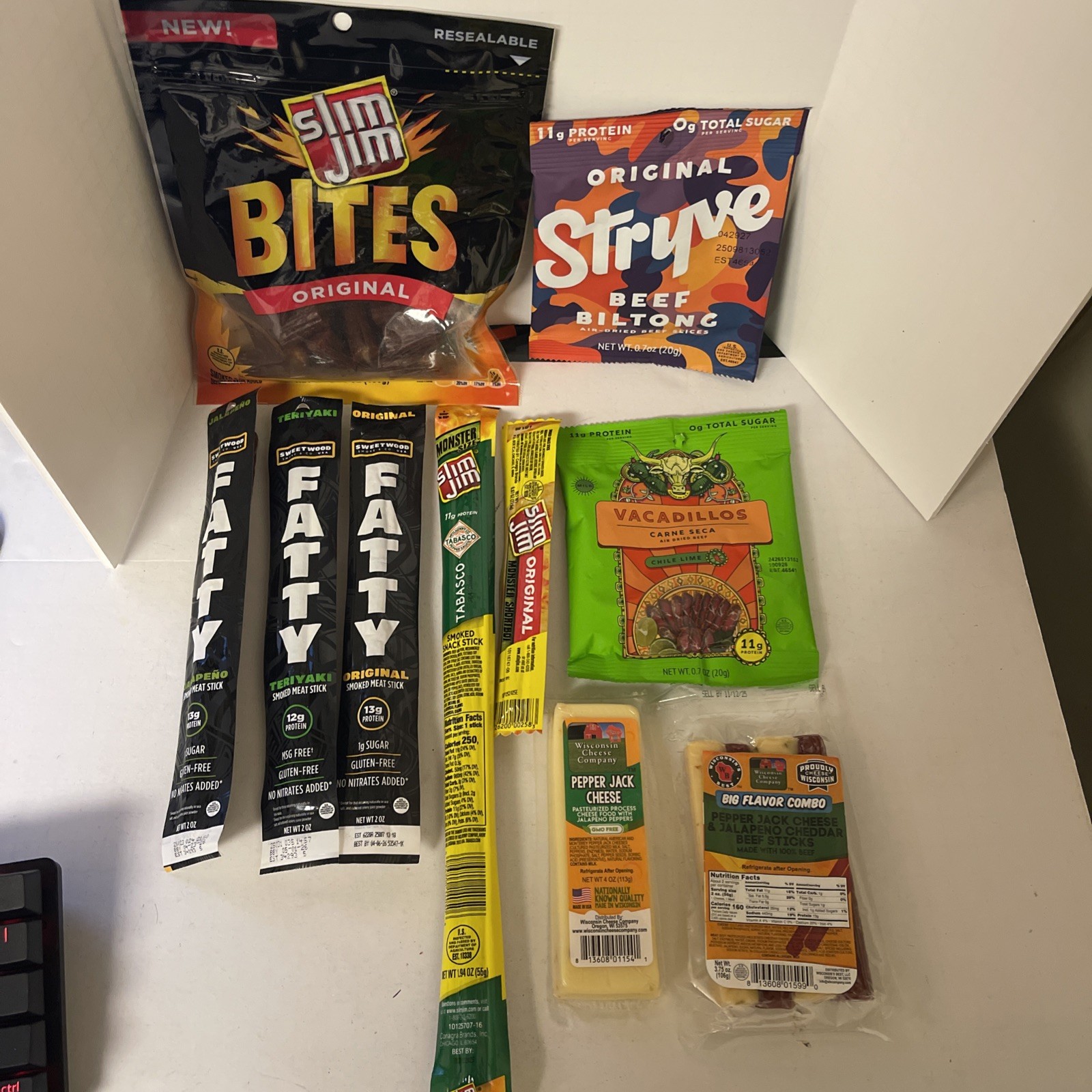LOT OF 10 Beef Jerky Slim Jim Bites Fatty Vacadillos Stryve Biltong Sticks NEW
