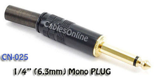 1/4 inch (6.3mm) Mono TS Plug, Gold Plated Tip, CN-025