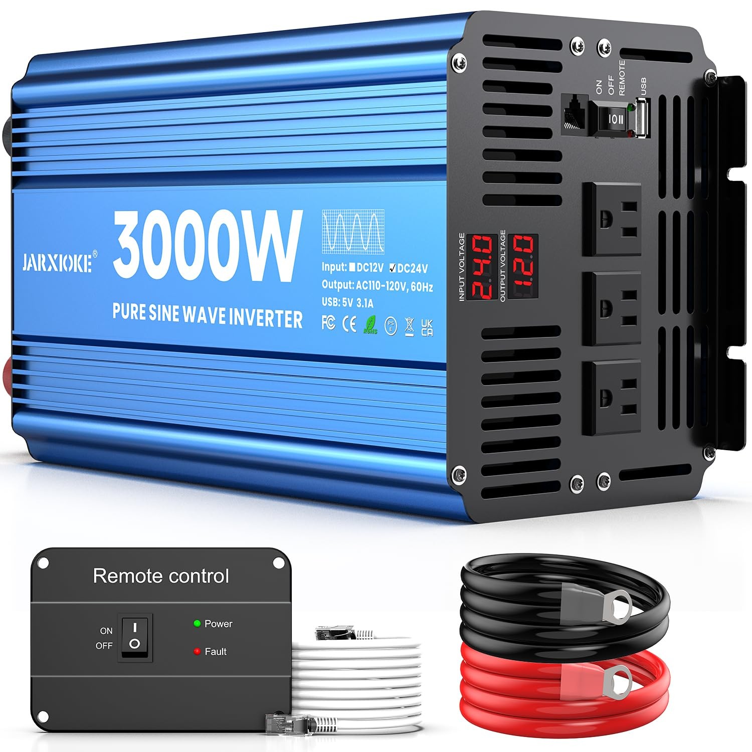 3000 Watt Pure Sine Wave Power Inverter 24V DC to 110V 120V Converter for Hom...