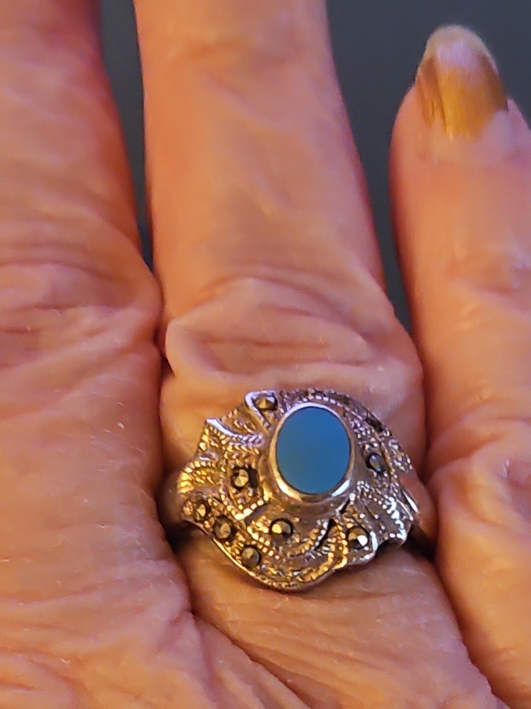Silver Marcasite Blue Ring Size 8.25