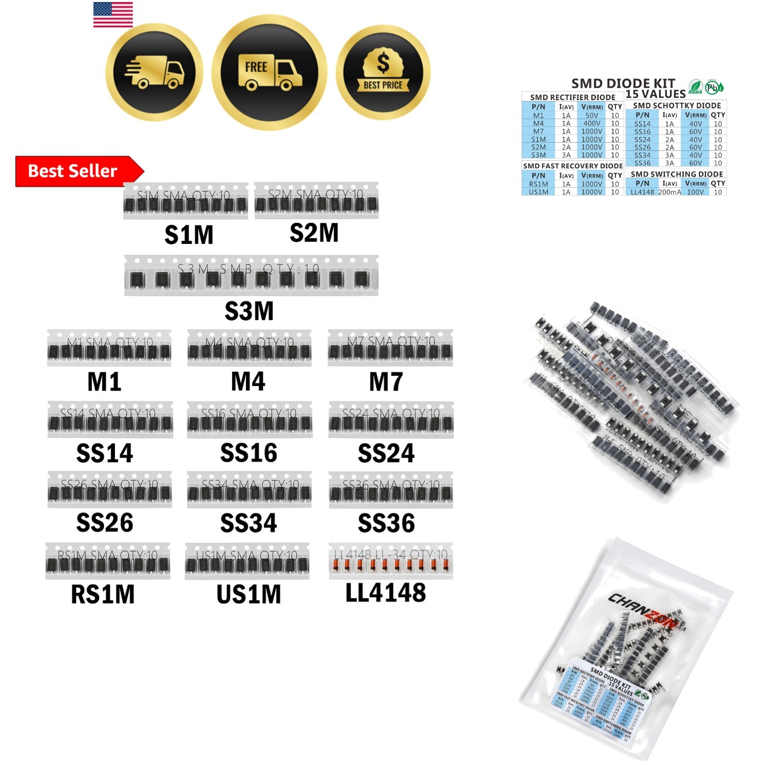 SMD Fast Switching/Schottky/Rectifier Diode Assorted Kit 15 Values Total 150p...
