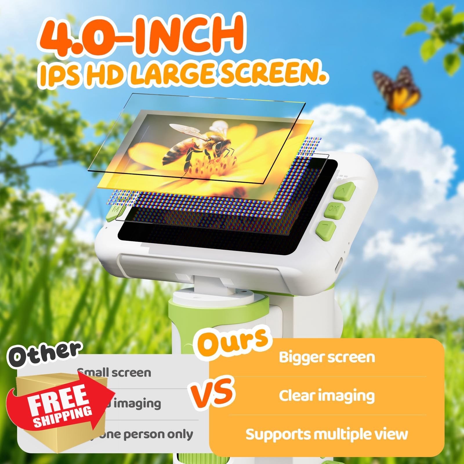 HEWEIMEI 1600X Kids Microscope, 4" Digital Screen, Slides Kit