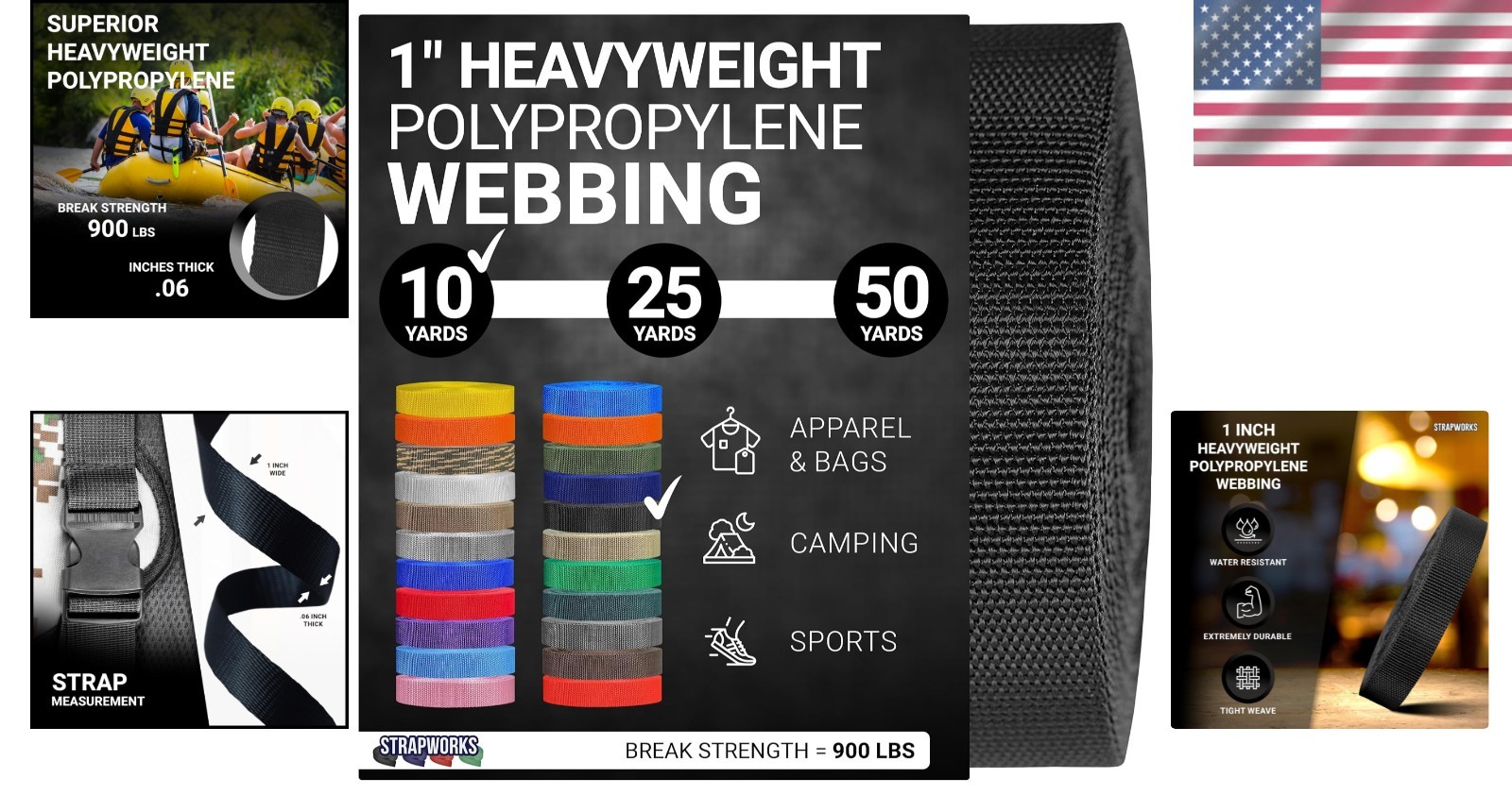 900lbs Strength Polypropylene Webbing - Versatile 1" x 10 Yards Black Straps