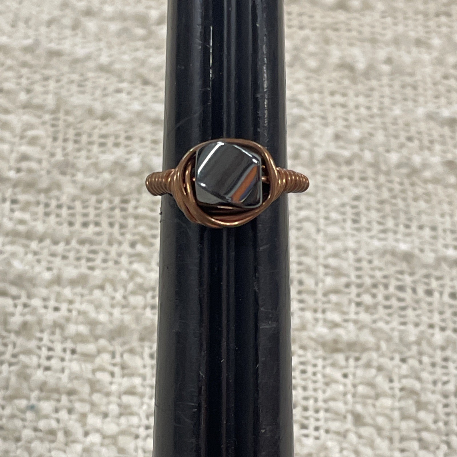 Copper Wire Wrapped Polished Gray Stone Ring Size 6.25