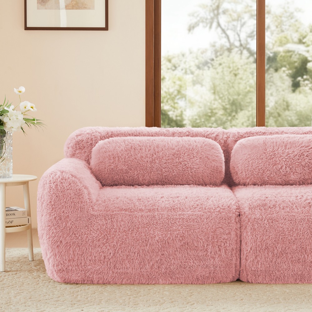 2-seater Sectional Couches Soft Fluffy Plush Fabric Bottom Anti-Slip Design Pink