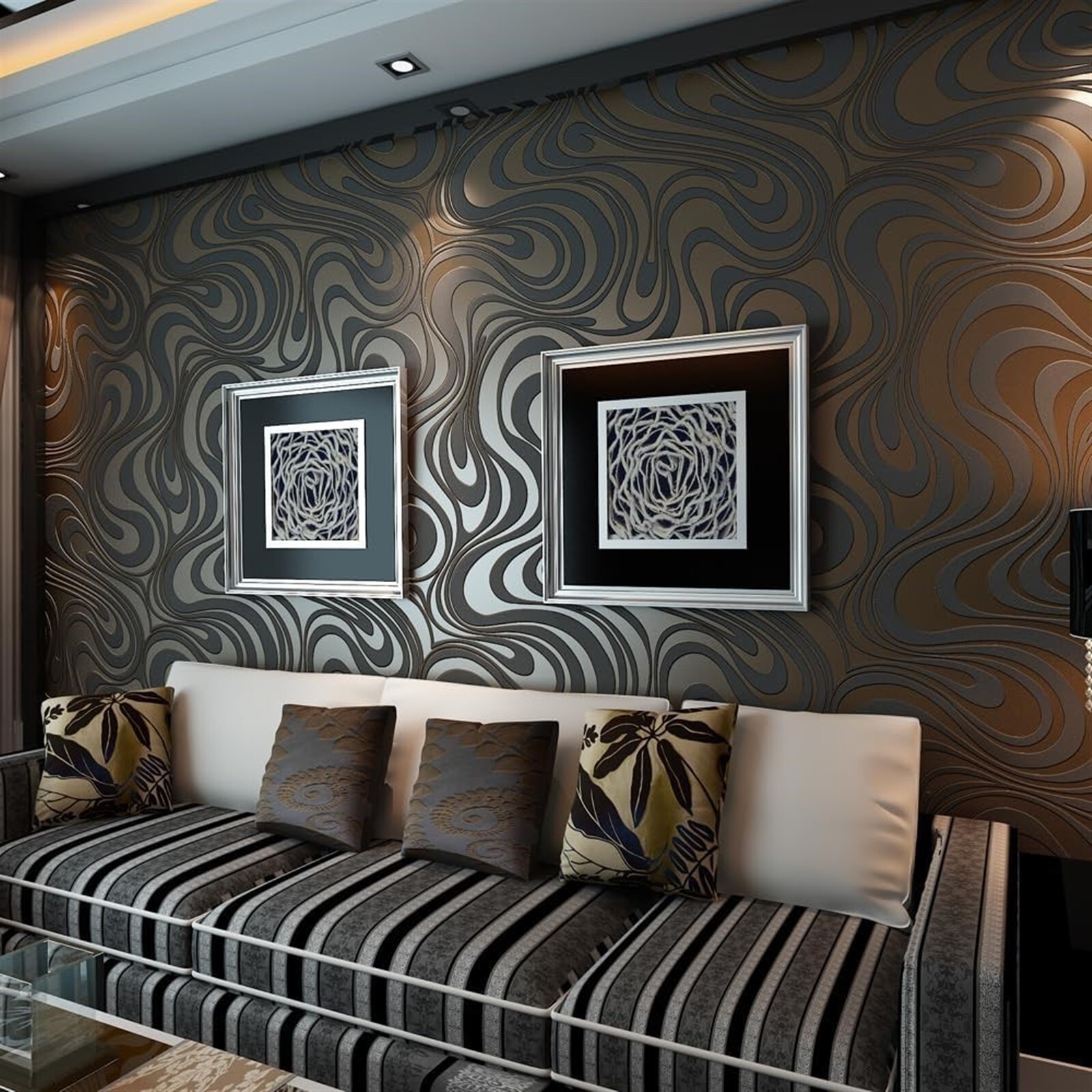 QIHANG Curve 3DWallpaper Parede Flocking for Striped Blk Brown 0.7m x 8.4m=5.88?