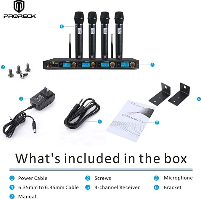 PRORECK MX44 4-Channel UHF Wireless Microphone System 4 Handheld Mics Karaoke