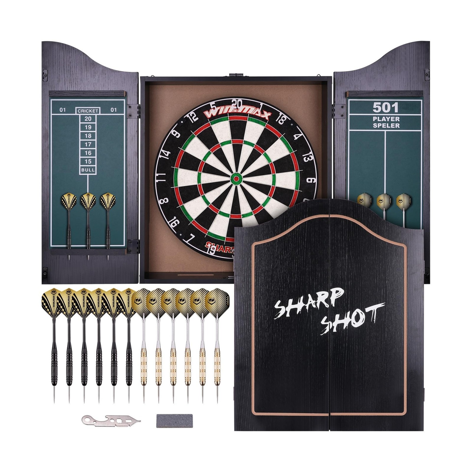 WIN.MAX Dart Board -Bristle Steel Tip Dartboard and Cabinet Set w/ 12Darts Metal