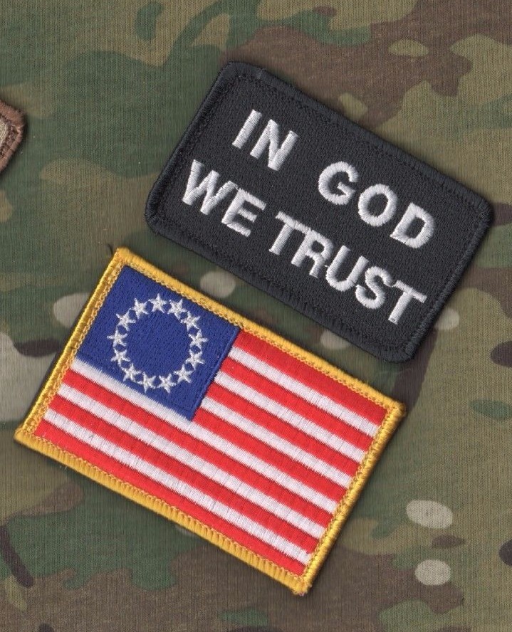 DAESH WHACKER SP OPS vel©®Ø SET: 13-Star Betsy Ross US Flag + In God we Trust