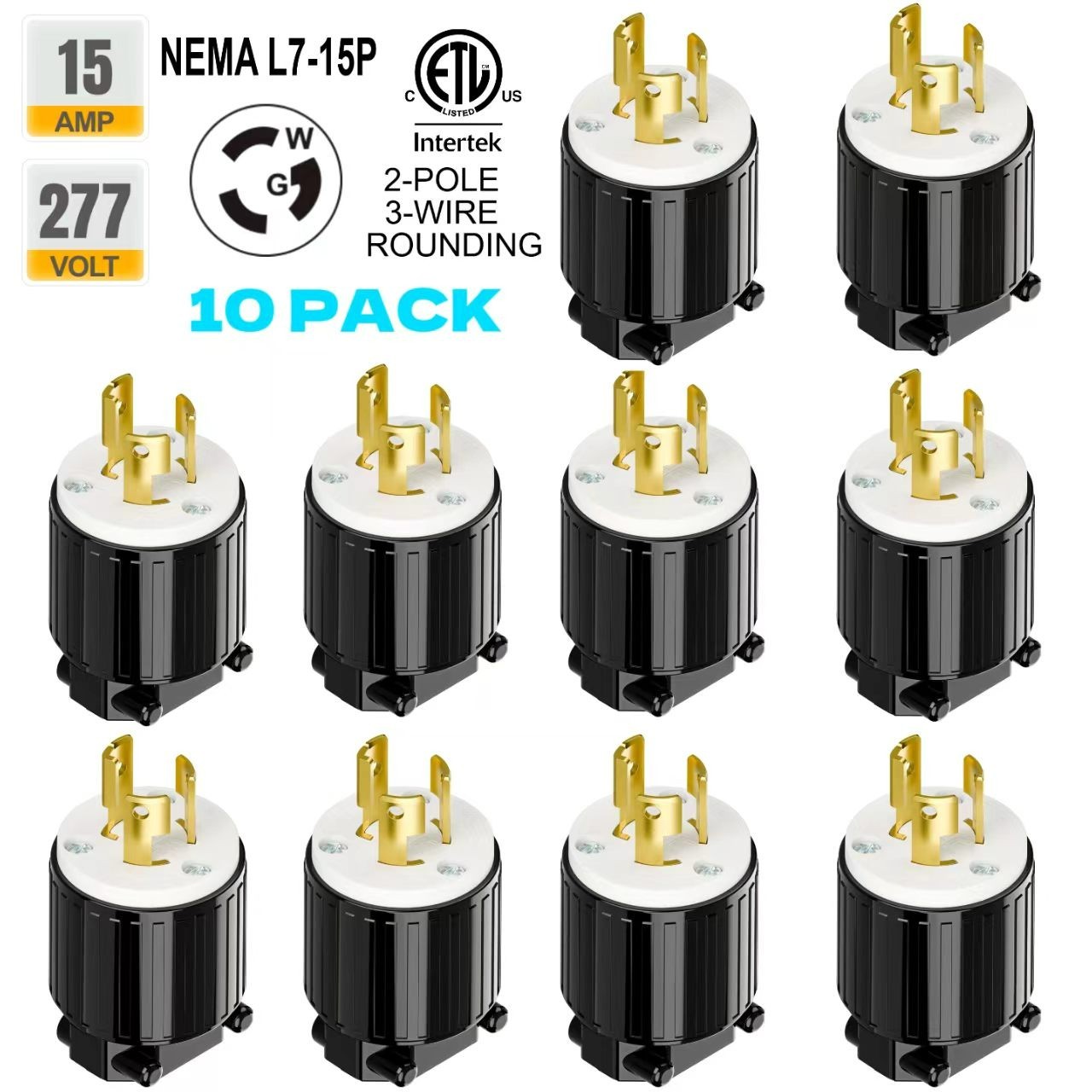 10PACK NEMA L7-15P Twist Lock Male Plug Connector 15 Amp,277 Volt,2 Pole,3 Wire