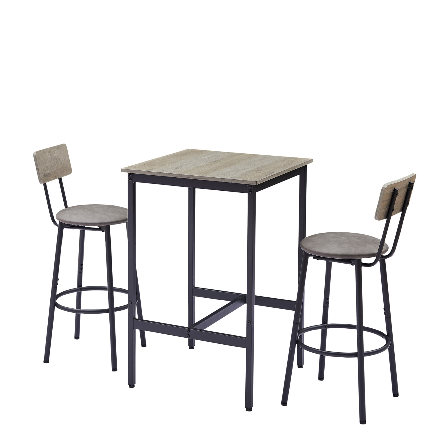3 Piece Bar Table Set Counter Height Dining Kitchen Table with 2 Bar Stools Grey