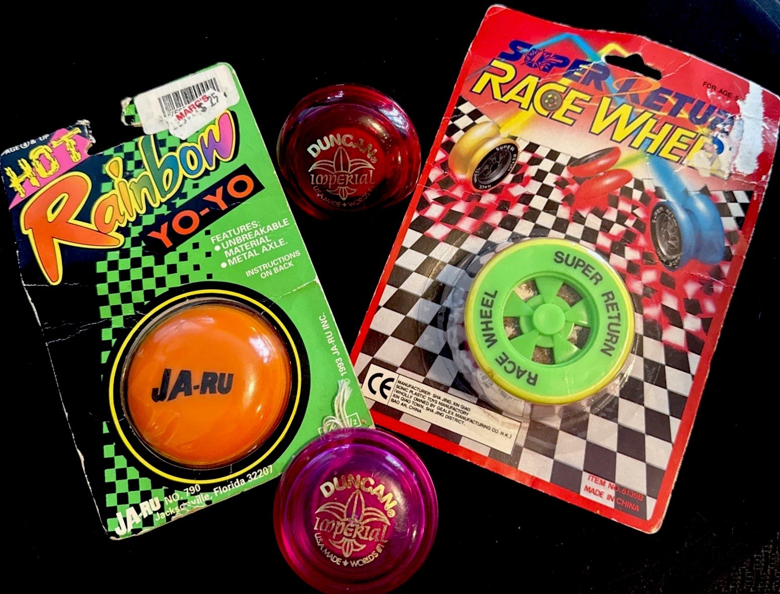 Vintage Yo-Yos Lot Of 4 - Pink & Red Duncan, Orange Ja-Ru, Pink/Green Race Wheel