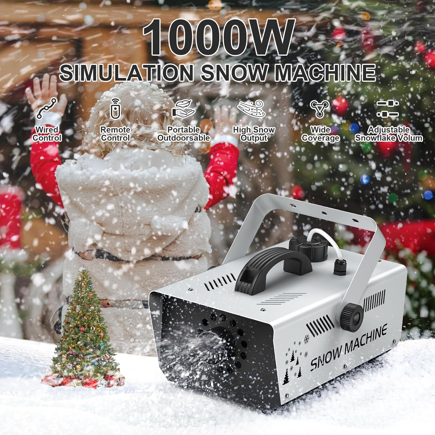 1000W Snow Machine Remote & Manual Control Snowflake Making Adjustable Snowflake