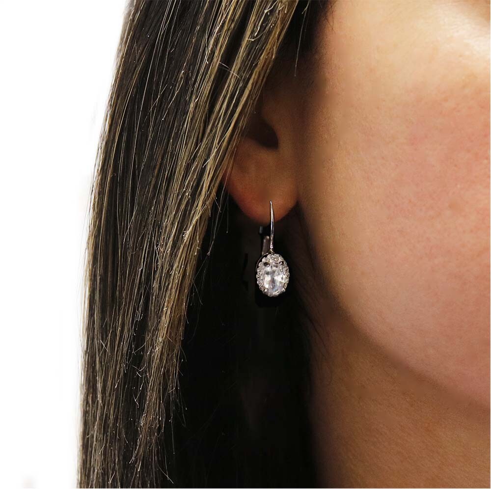Sterling Silver Oval Solitaire Dainty Leverback Earrings- Dangle/drop- CZ
