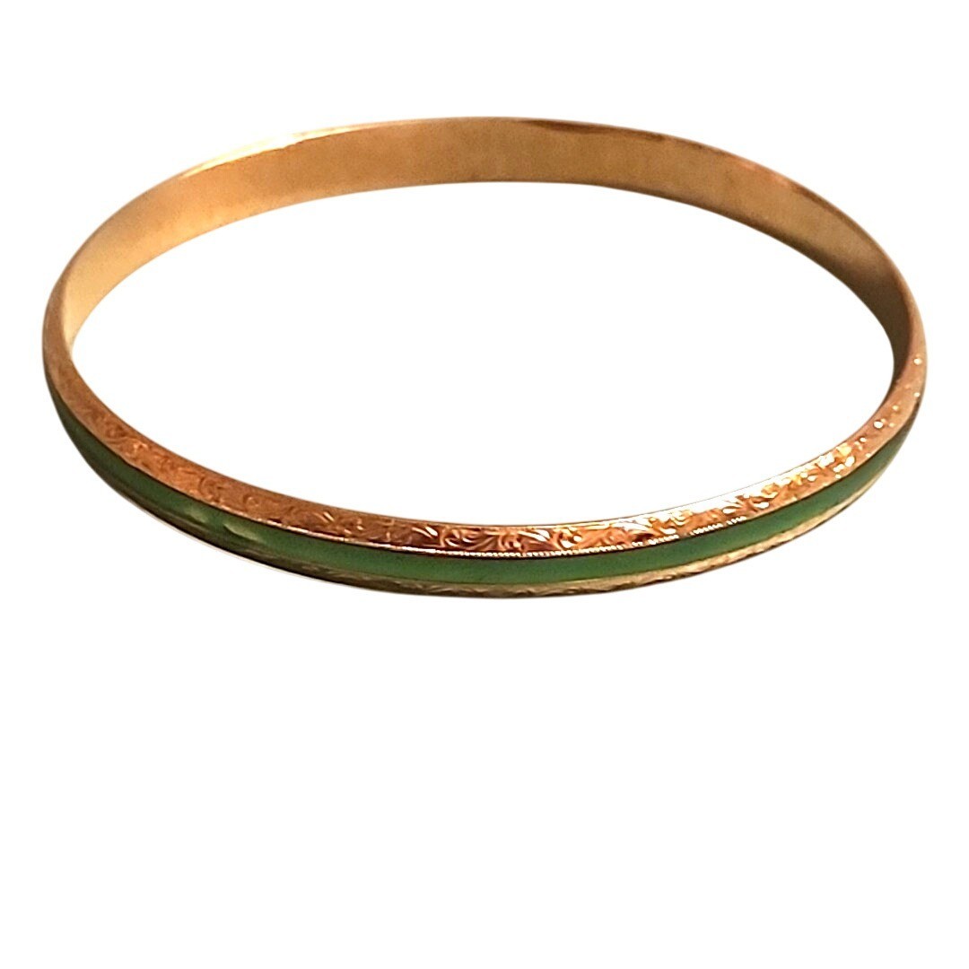 Green and Goldtone Bangle Bracelet Design Textured Skinny St Pats Patricks Metal