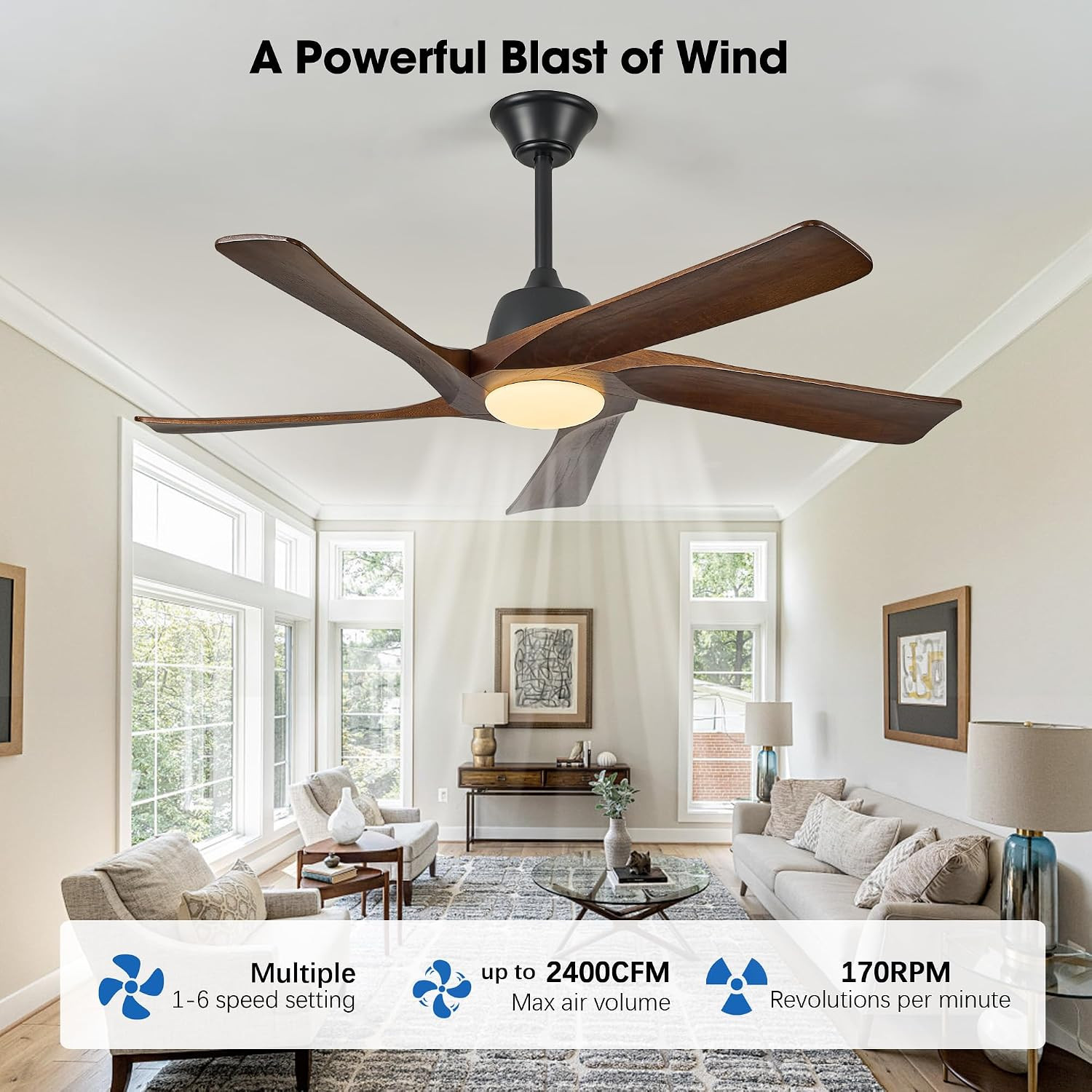 52" Solid Wood Ceiling Fan with Light, (Dark Walnut) | 6-Speed Reversible Quiet