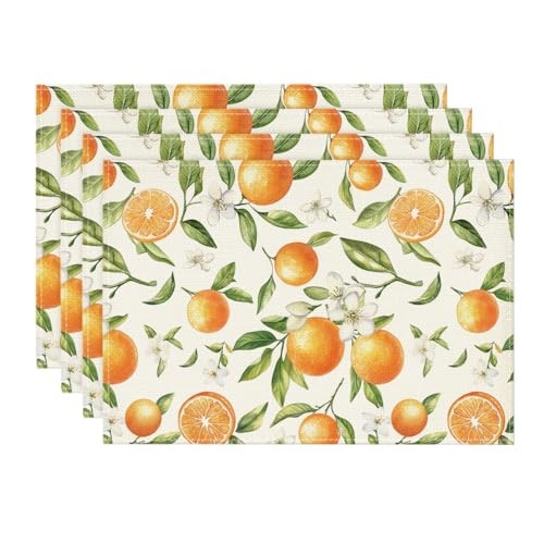 Orange Fruit Summer Placemats Set of 12" x 18", Rectangular 4 Pcs Beige/Orange