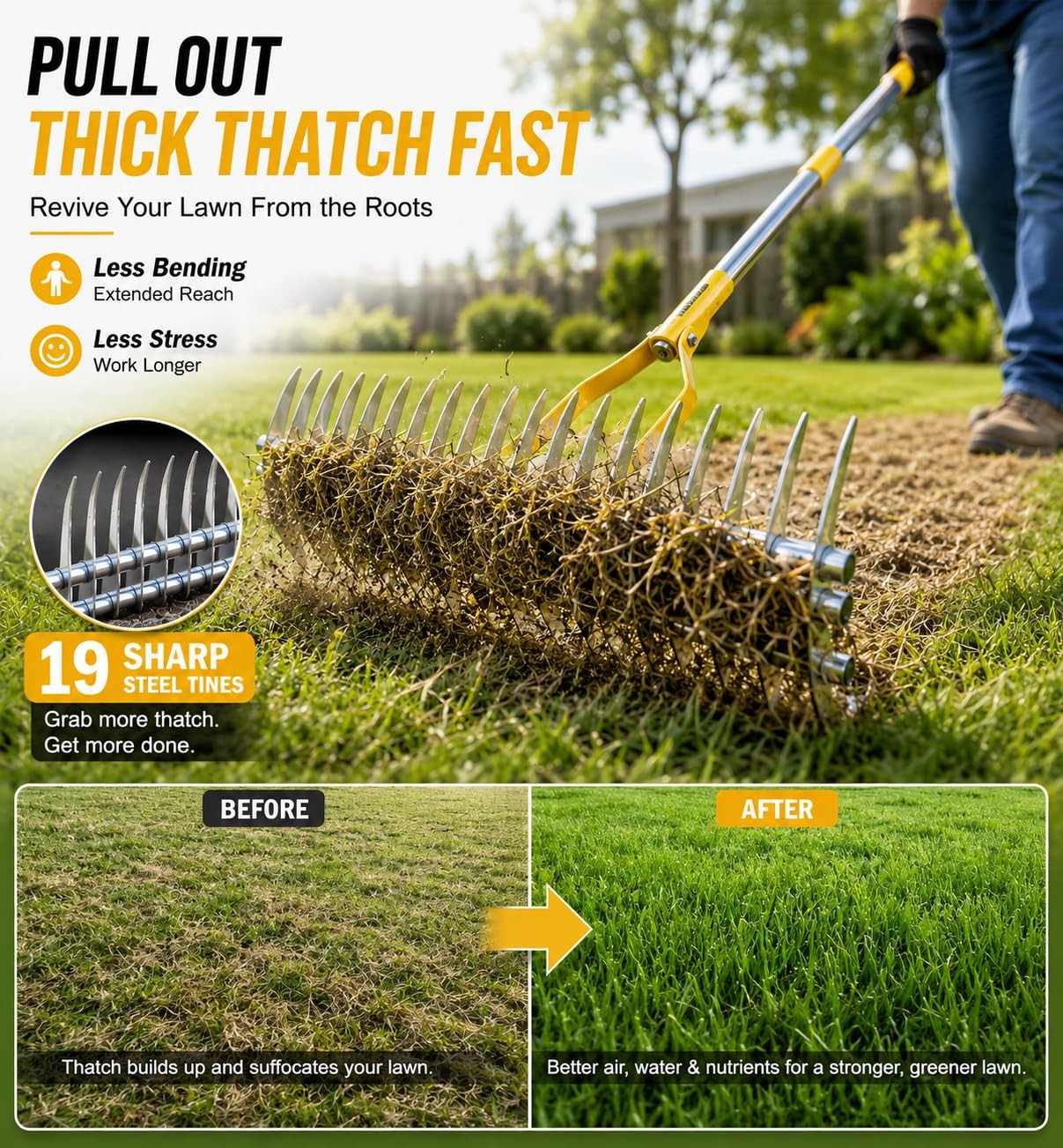 Heavy Duty Dual Sided 70" Sharp Thatch Rake for Lawns Dethatching Tool