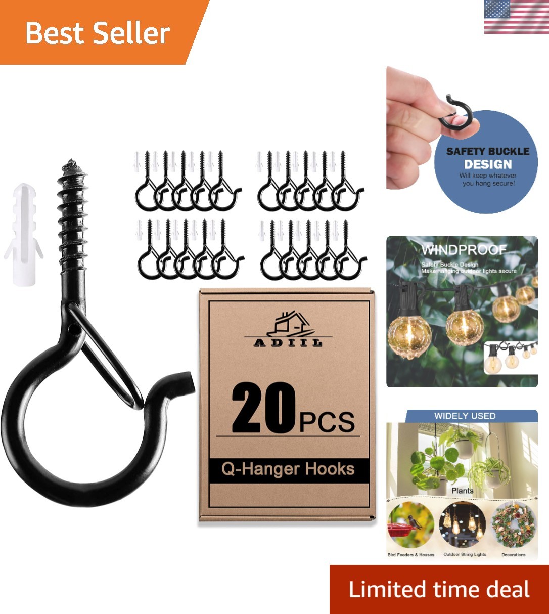 20 PCS Q Hanger Hooks with Safety Buckle, Windproof Screw Hooks for Hanging O...