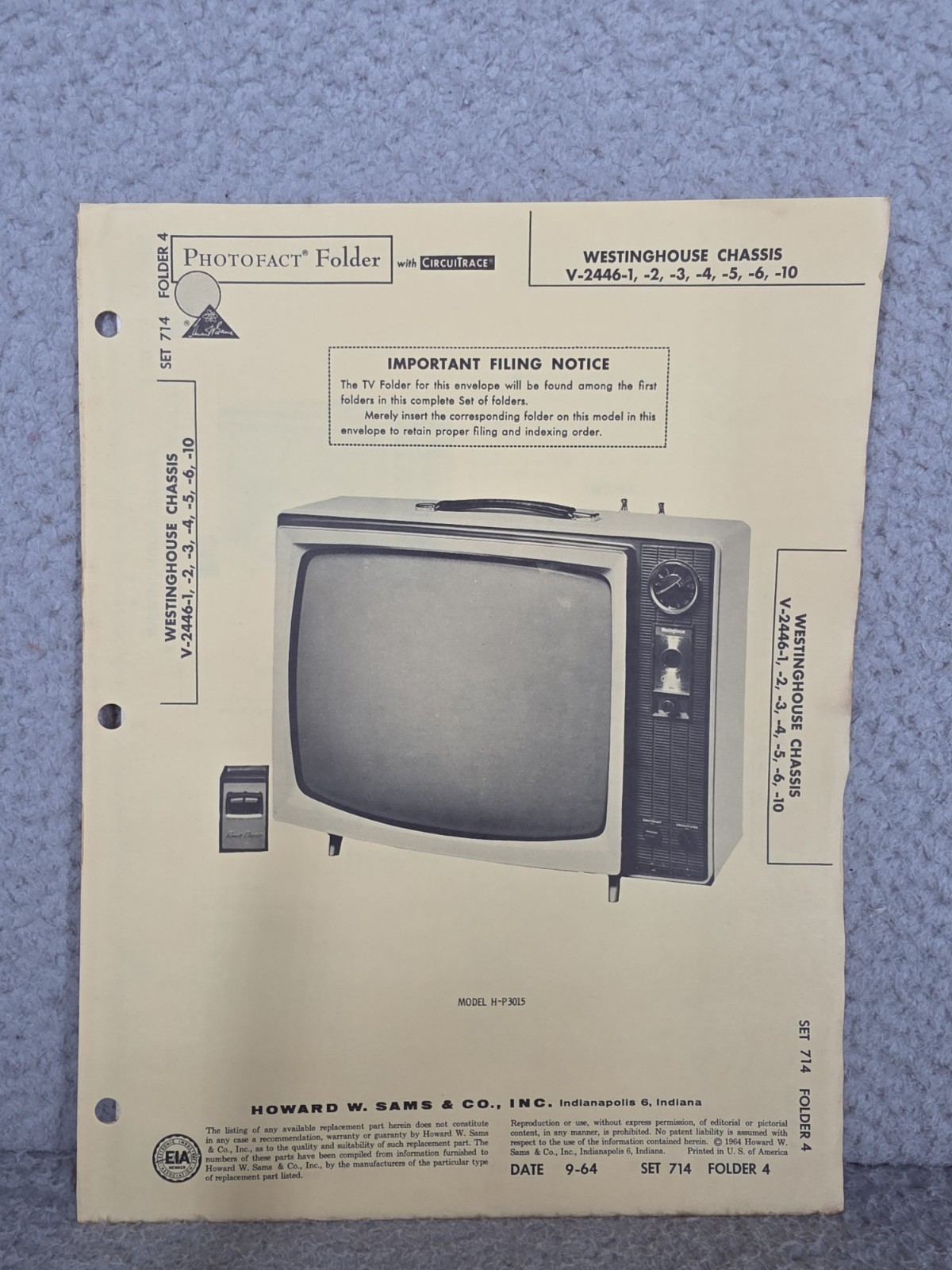 Westinghouse Chassis TV V-2446-1, -2, -3, -4,  -5, -6, -10 Sams Photofact Manual