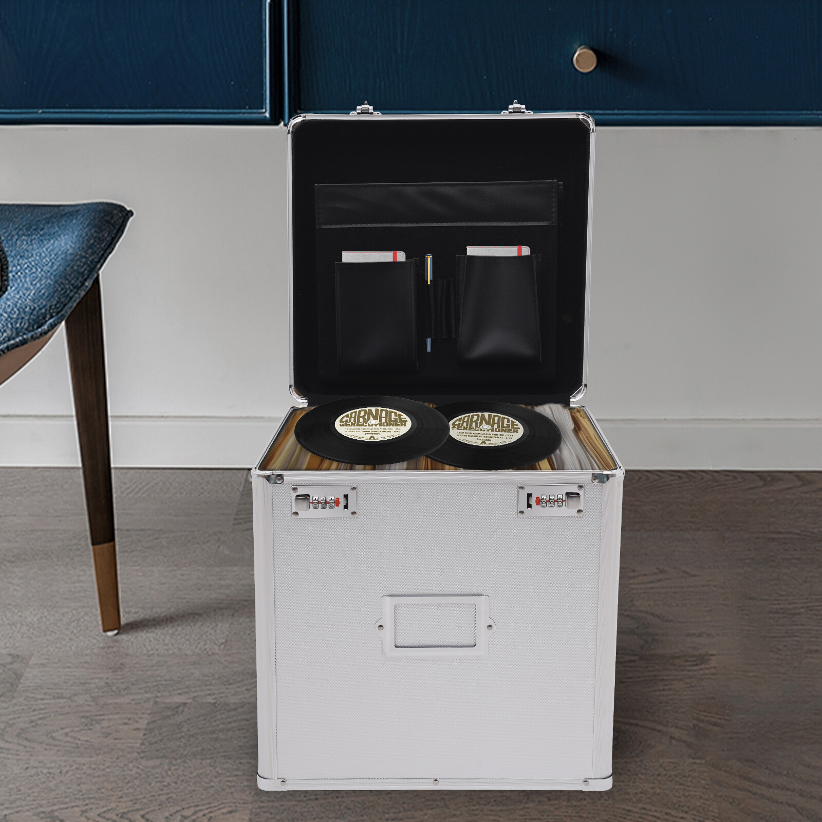 Vinyl Record Storage Box with Combination Lock for 50 Records, Silver