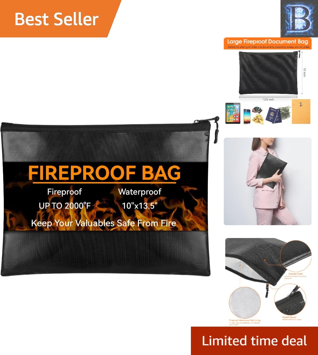 Fireproof Water-Resistant Bag 10"x13.5" – Ideal for Important Papers & Passports