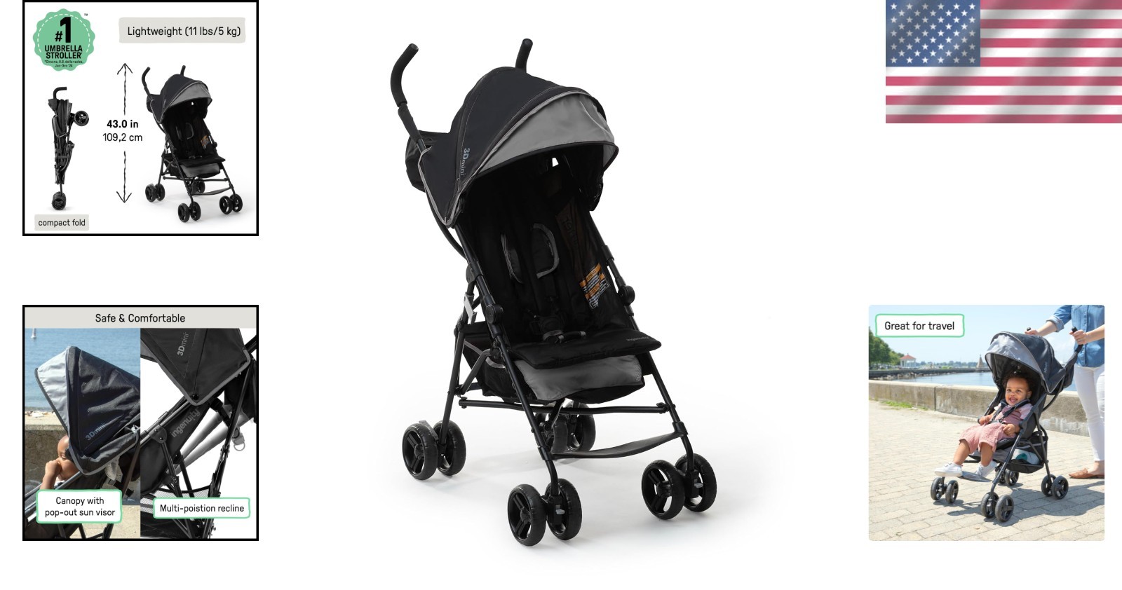 3D Mini Gray Stroller - Lightweight, Multi-Position Recline