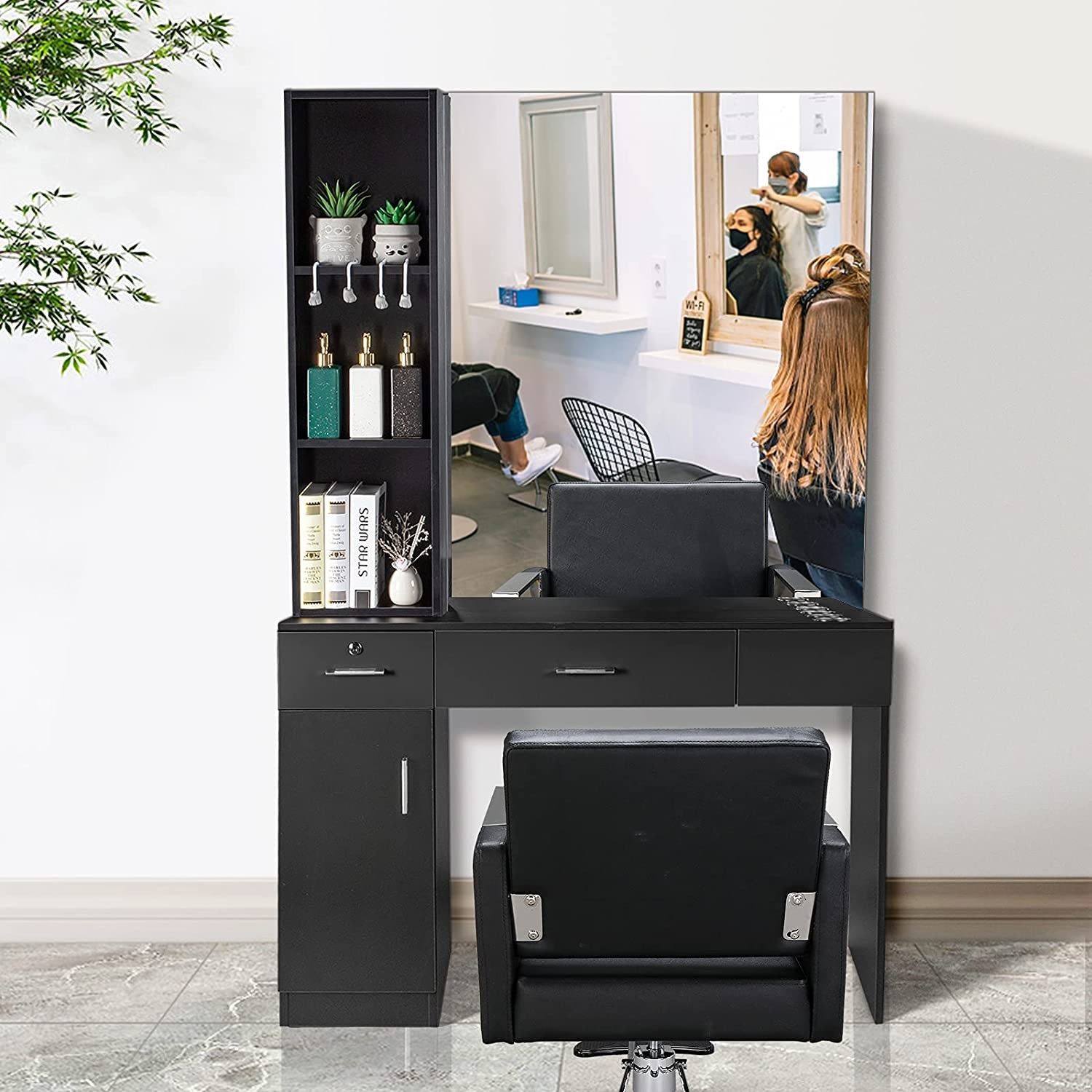 Hair Styling Station Salon Spa Mirror Desk Storage Cabine with Hair Dryer Holder