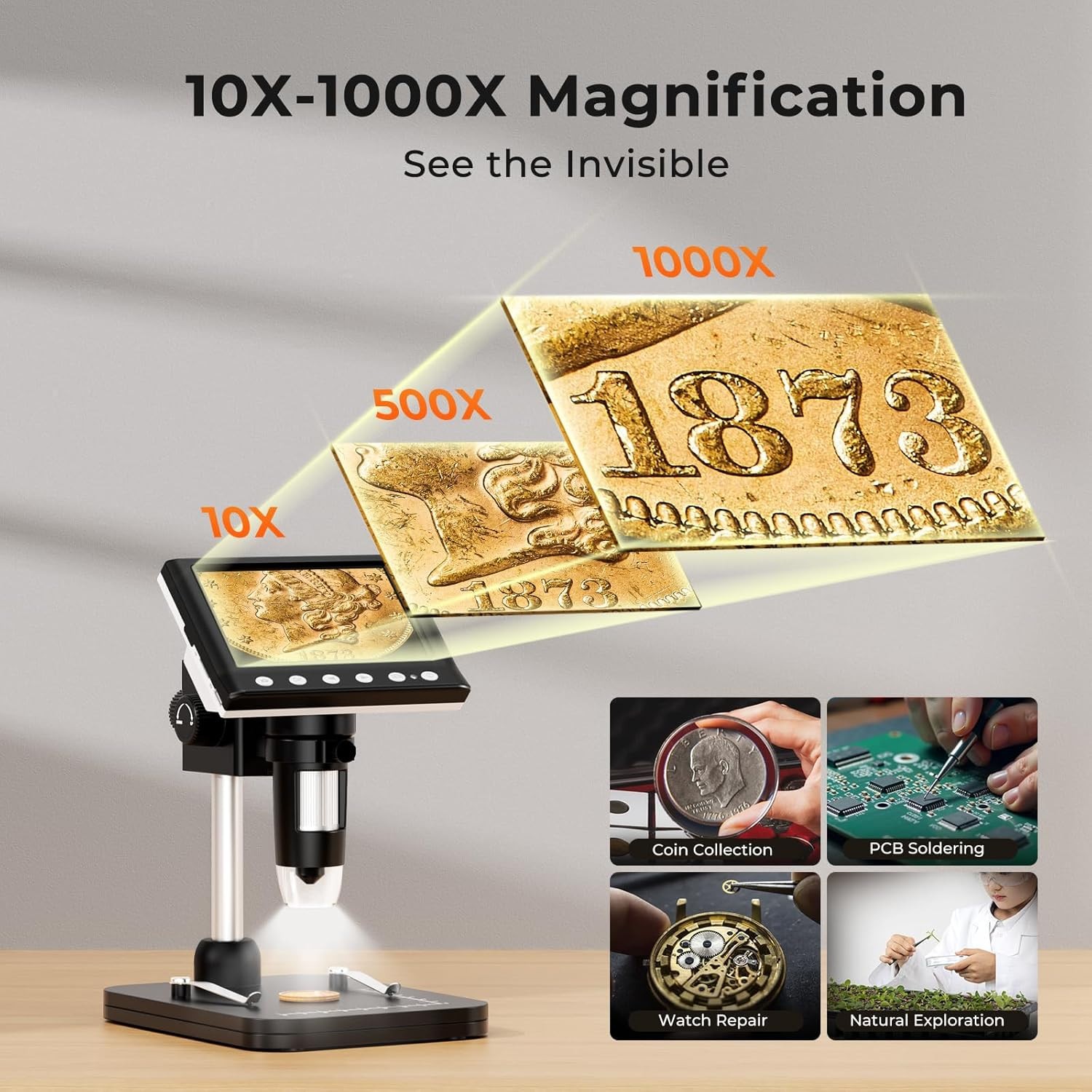 4.3'' IPS Coin Microscope 1000X Magnification Digital 8 LED Windows TF Card